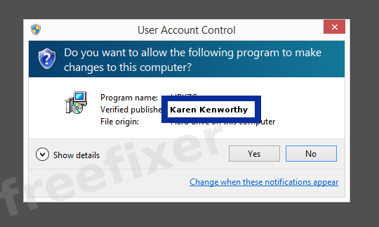 Screenshot where Karen Kenworthy appears as the verified publisher in the UAC dialog